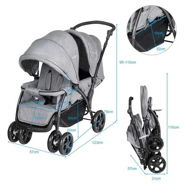 Poussette Double 2 en 1 pour Bébé + 6 Mois Poussette et Berceau Pliable Capacité Siège 15kg, 123x59x102cm, Gris