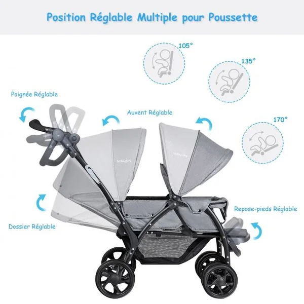 Poussette Double 2 en 1 pour Bébé + 6 Mois Poussette et Berceau Pliable Capacité Siège 15kg, 123x59x102cm, Gris
