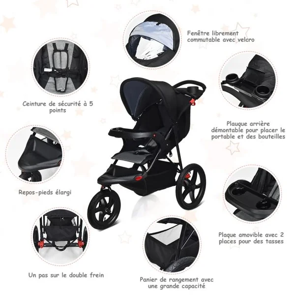 Poussette Pliable 3 Roues pour Bébé de 6-36 Mois avec Grand Panier et Plateau Capacité 15 Kg 76x50x107cm Noir