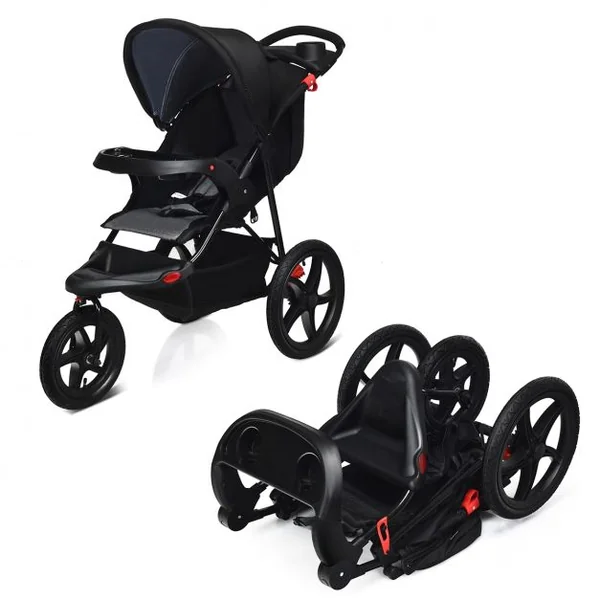 Poussette Pliable 3 Roues pour Bébé de 6-36 Mois avec Grand Panier et Plateau Capacité 15 Kg 76x50x107cm Noir