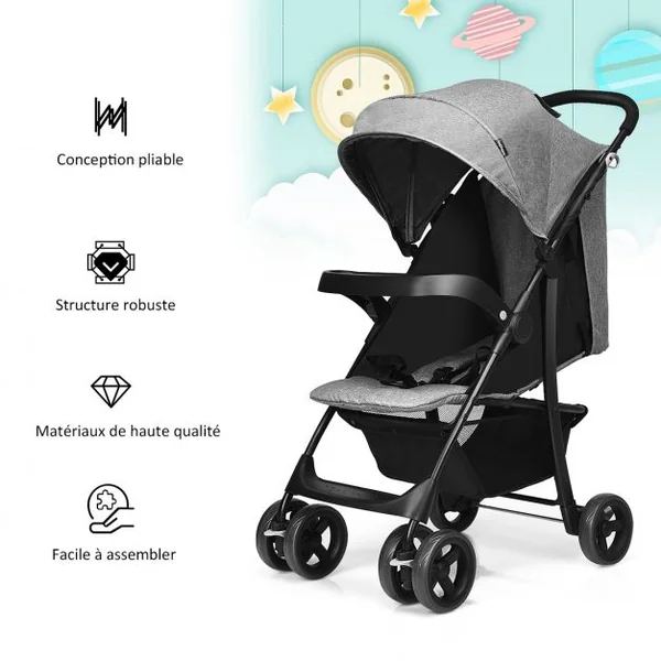 Poussette Pliable pour Bébé de 6-36 Mois avec Pare-soleil Angle de Dossier Réglable Capacité 15 Kg 76x50x107cm Gris