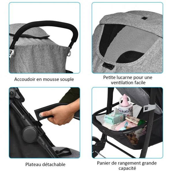 Poussette Pliable pour Bébé de 6-36 Mois avec Pare-soleil Angle de Dossier Réglable Capacité 15 Kg 76x50x107cm Gris