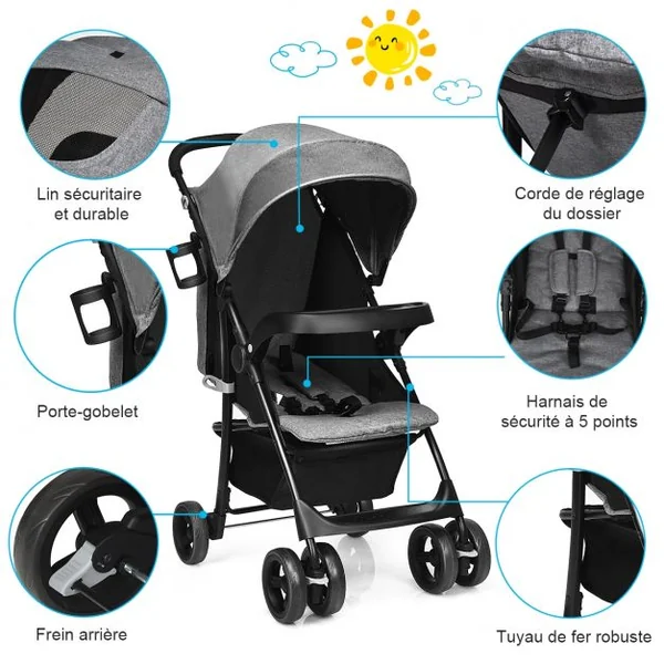 Poussette Pliable pour Bébé de 6-36 Mois avec Pare-soleil Angle de Dossier Réglable Capacité 15 Kg 76x50x107cm Gris