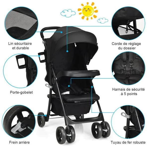 Poussette Pliable pour Bébé de 6-36 Mois avec Pare-soleil Angle de Dossier Réglable Capacité 15 Kg 76x50x107cm Noir