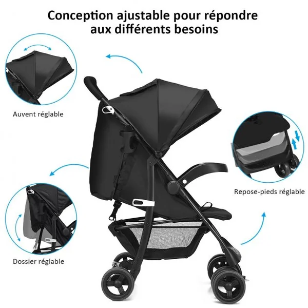 Poussette Pliable pour Bébé de 6-36 Mois avec Pare-soleil Angle de Dossier Réglable Capacité 15 Kg 76x50x107cm Noir