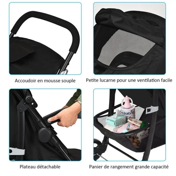 Poussette Pliable pour Bébé de 6-36 Mois avec Pare-soleil Angle de Dossier Réglable Capacité 15 Kg 76x50x107cm Noir