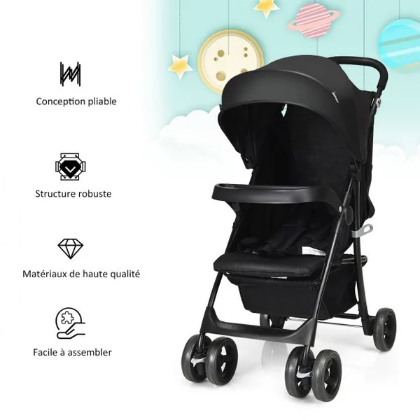 Poussette Pliable pour Bébé de 6-36 Mois avec Pare-soleil Angle de Dossier Réglable Capacité 15 Kg 76x50x107cm Noir
