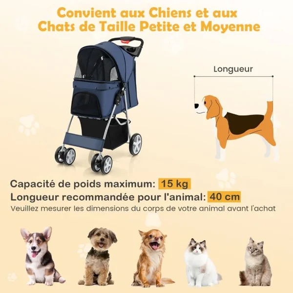 Poussette Pliable pour Chien et Chat à 4 Roues Charge 15KG Panier de Rangement Fenêtre en Maille 6 Couleurs au Choix