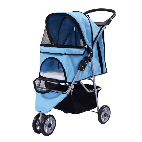 Poussette pour animaux chariot chien chat 3 roues freins rangement toit + Sac pliable-Rouge