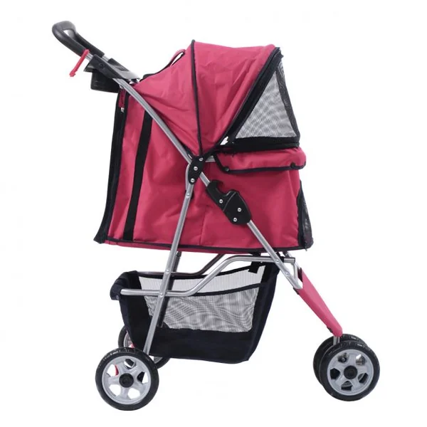 Poussette pour animaux chariot chien chat 3 roues freins rangement toit + Sac pliable-Rouge