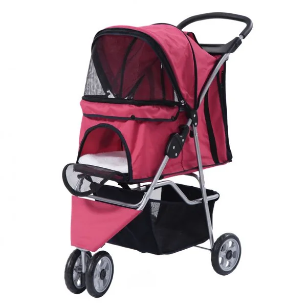 Poussette pour animaux chariot chien chat 3 roues freins rangement toit + Sac pliable-Rouge