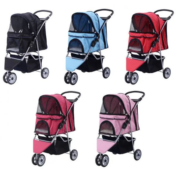 Poussette pour animaux chariot chien chat 3 roues freins rangement toit + Sac pliable-Rouge