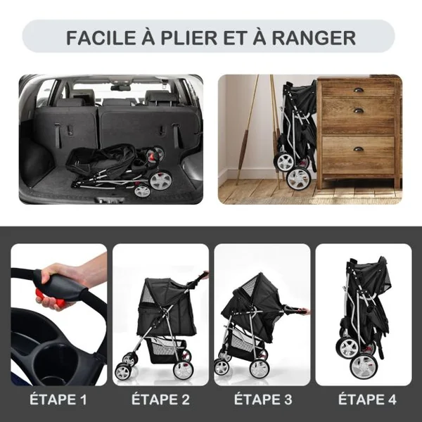 Poussette pour Animaux Pliante 4 Roues avec Fenêtres en Filet Porte-gobelet et Panier de Rangement pour Chat et Chien Bleu