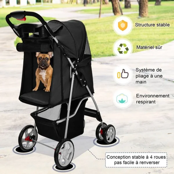 Poussette pour Animaux Pliante 4 Roues avec Fenêtres en Filet Porte-gobelet et Panier de Rangement pour Chat et Chien Bleu