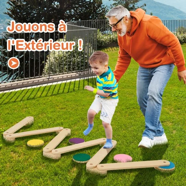 Poutre d'Equilibre en Bois Enfants avec Pierre de Marche Parcours d'Obstacles de Gymnastique pour Enfants de 3-7 Ans