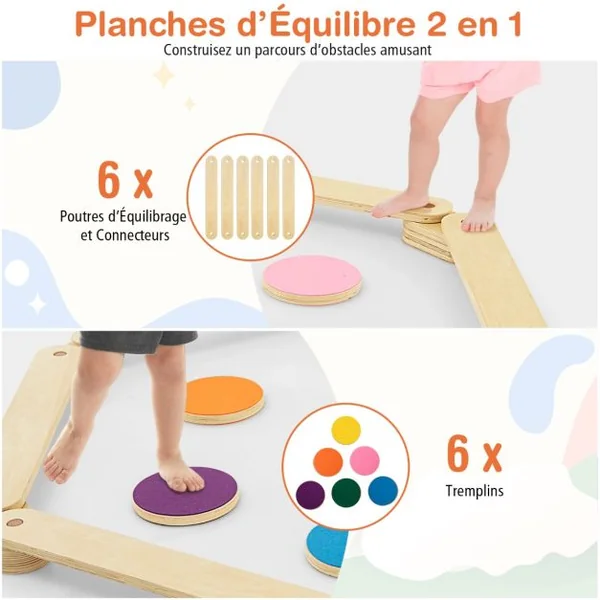 Poutre d'Equilibre en Bois Enfants avec Pierre de Marche Parcours d'Obstacles de Gymnastique pour Enfants de 3-7 Ans