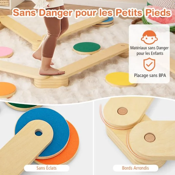 Poutre d'Equilibre en Bois Enfants avec Pierre de Marche Parcours d'Obstacles de Gymnastique pour Enfants de 3-7 Ans
