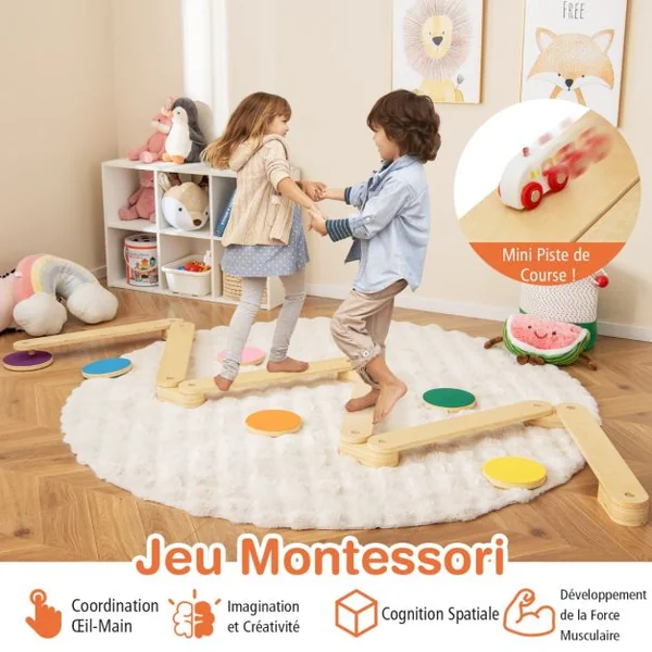 Poutre d'Equilibre en Bois Enfants avec Pierre de Marche Parcours d'Obstacles de Gymnastique pour Enfants de 3-7 Ans