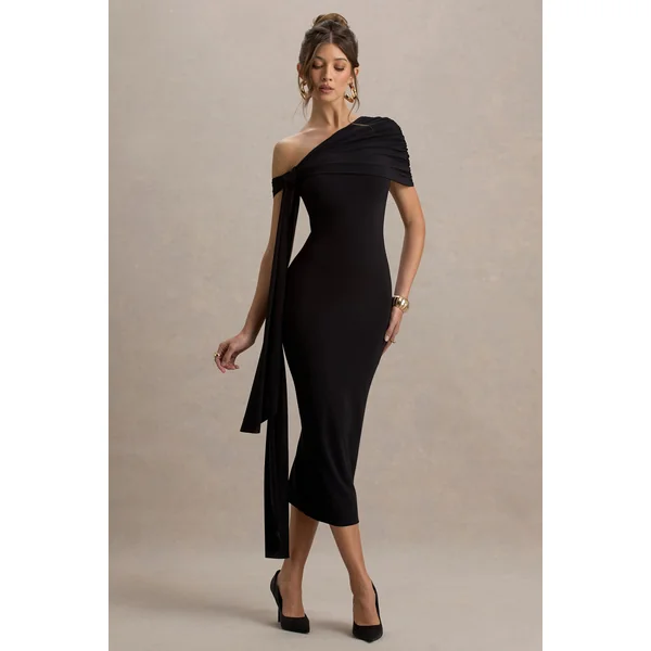 Praia | Robe mi-longue noire asymétrique à ceinture drapée