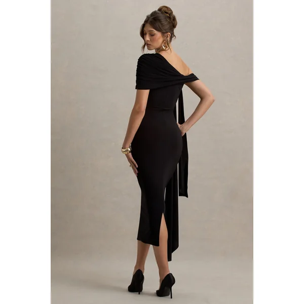 Praia | Robe mi-longue noire asymétrique à ceinture drapée