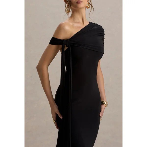 Praia | Robe mi-longue noire asymétrique à ceinture drapée