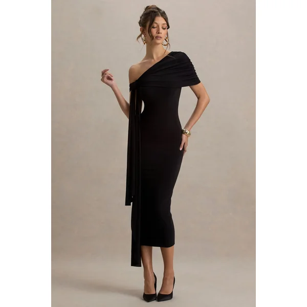 Praia | Robe mi-longue noire asymétrique à ceinture drapée