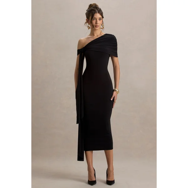 Praia | Robe mi-longue noire asymétrique à ceinture drapée