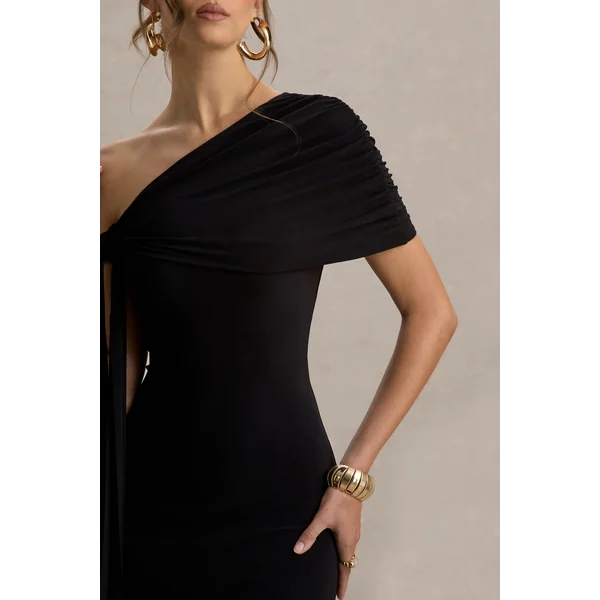 Praia | Robe mi-longue noire asymétrique à ceinture drapée