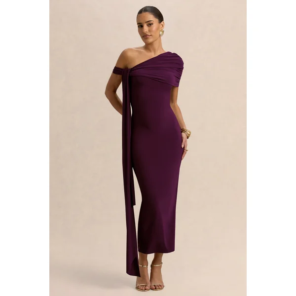 Praia | Robe mi-longue prune à décolleté asymétrique avec sash et détails drapés