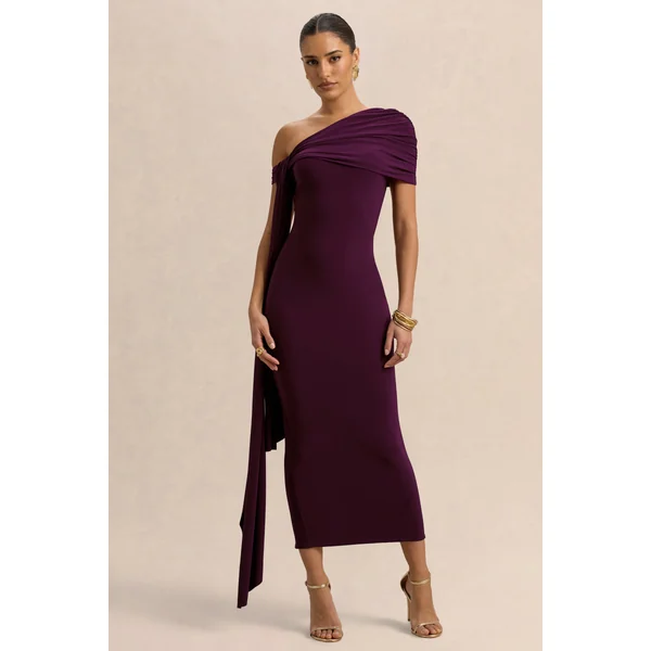 Praia | Robe mi-longue prune à décolleté asymétrique avec sash et détails drapés