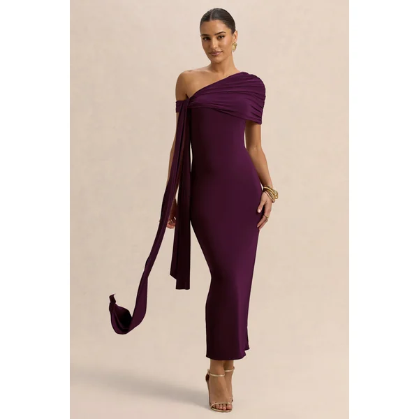Praia | Robe mi-longue prune à décolleté asymétrique avec sash et détails drapés