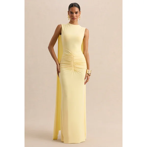 Premiere | Robe longue citron à encolure bateau avec manches cape et dos ouvert