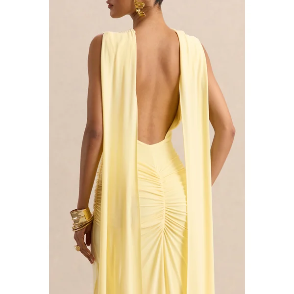 Premiere | Robe longue citron à encolure bateau avec manches cape et dos ouvert