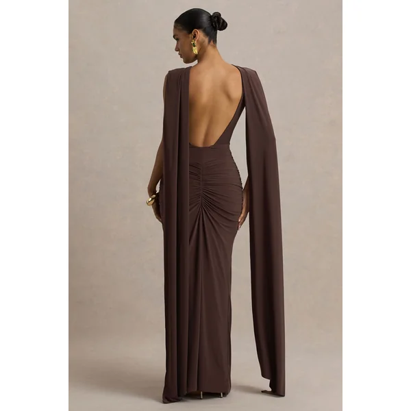 Premiere | Robe longue marron à col rond avec détails froncés