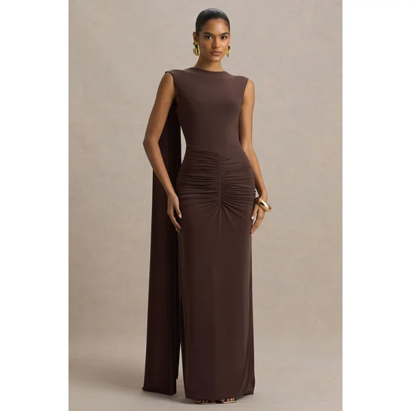Premiere | Robe longue marron à col rond avec détails froncés
