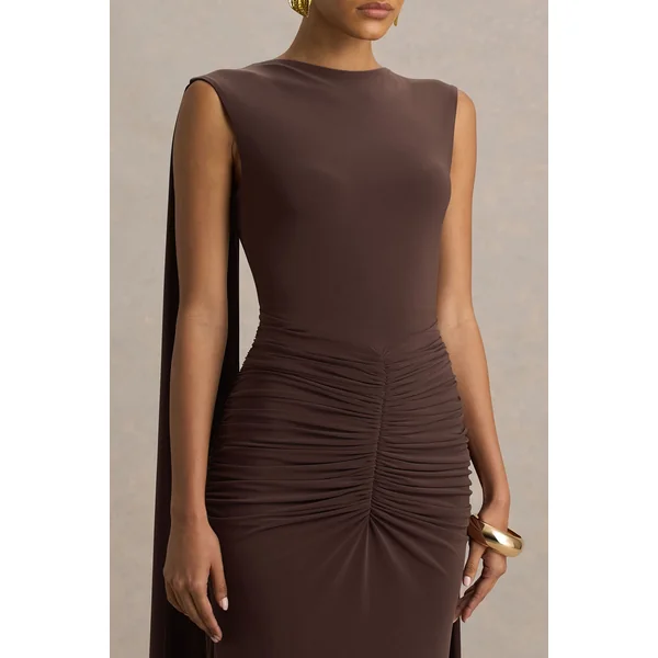 Premiere | Robe longue marron à col rond avec détails froncés
