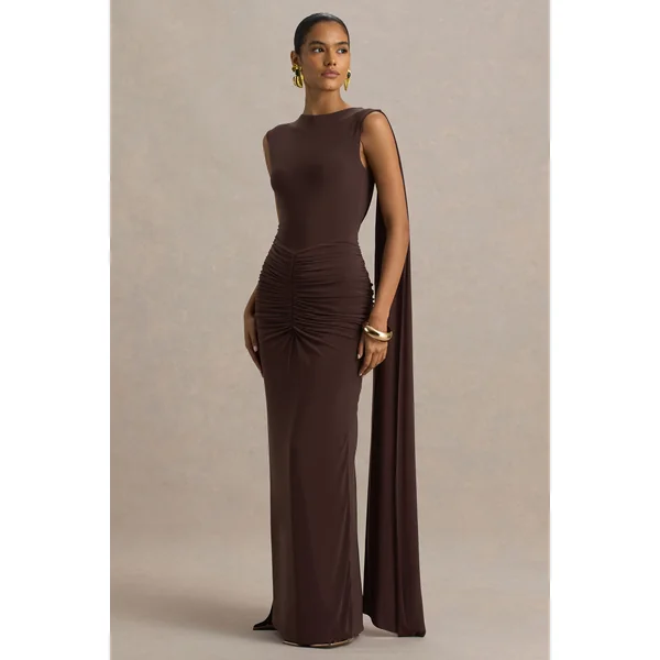 Premiere | Robe longue marron à col rond avec détails froncés