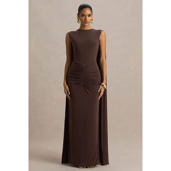 Premiere | Robe longue marron à col rond avec détails froncés