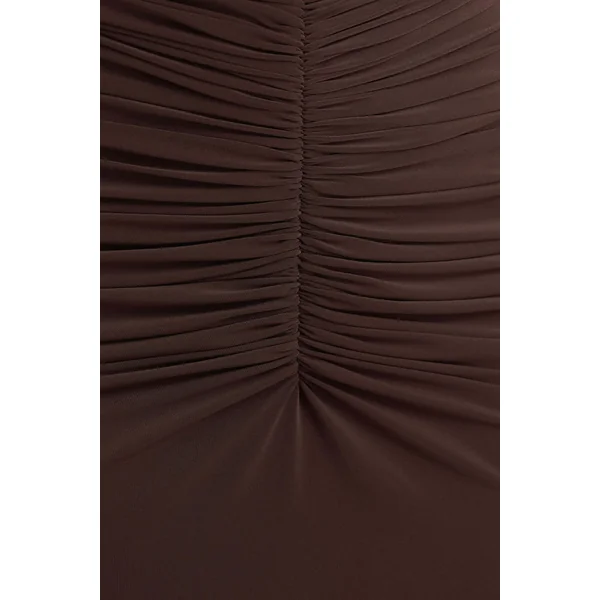 Premiere | Robe longue marron à col rond avec détails froncés