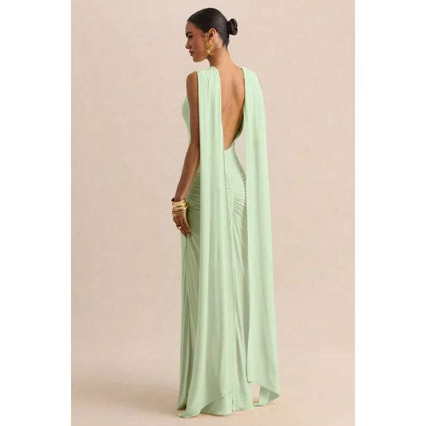 Premiere | Robe longue menthe à encolure bateau avec manches cape et dos ouvert