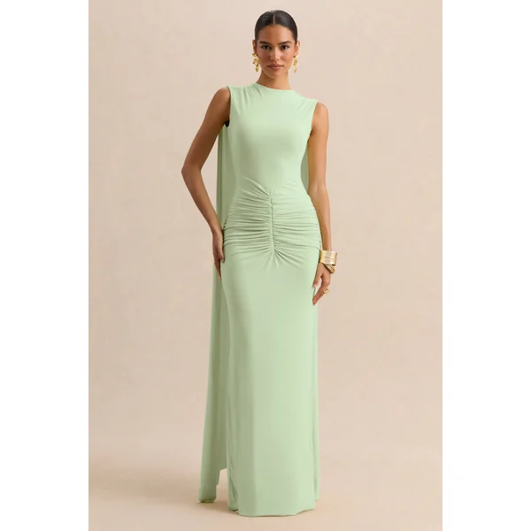 Premiere | Robe longue menthe à encolure bateau avec manches cape et dos ouvert