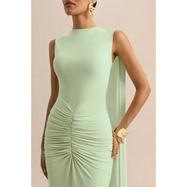 Premiere | Robe longue menthe à encolure bateau avec manches cape et dos ouvert