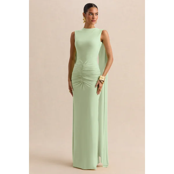 Premiere | Robe longue menthe à encolure bateau avec manches cape et dos ouvert