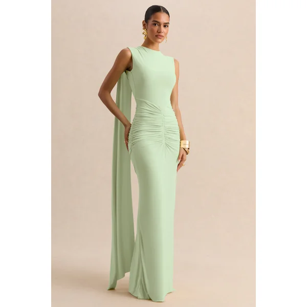 Premiere | Robe longue menthe à encolure bateau avec manches cape et dos ouvert