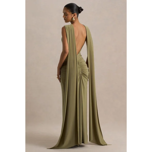 Premiere | Robe longue olive à col rond avec détails froncés