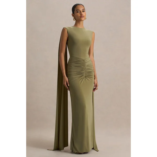 Premiere | Robe longue olive à col rond avec détails froncés