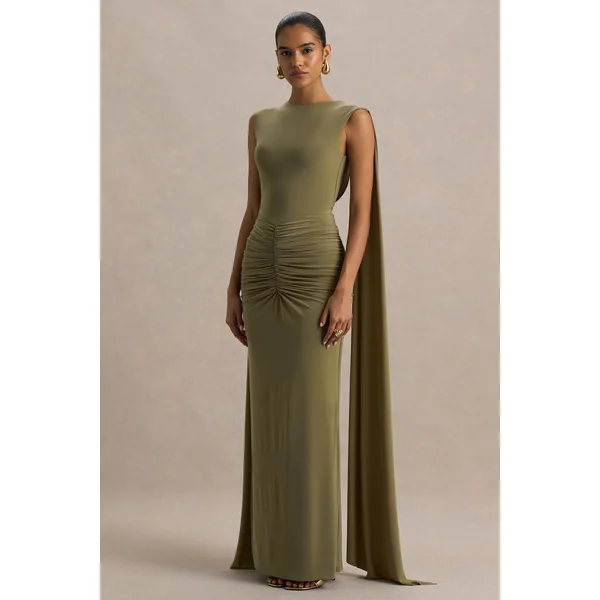 Premiere | Robe longue olive à col rond avec détails froncés