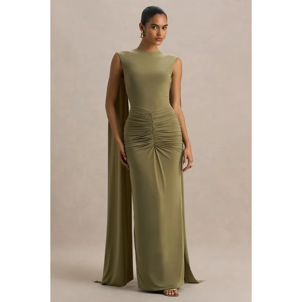 Premiere | Robe longue olive à col rond avec détails froncés