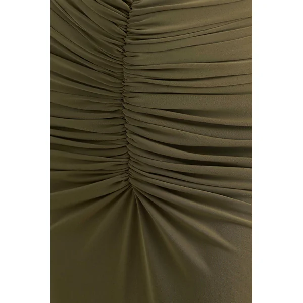 Premiere | Robe longue olive à col rond avec détails froncés