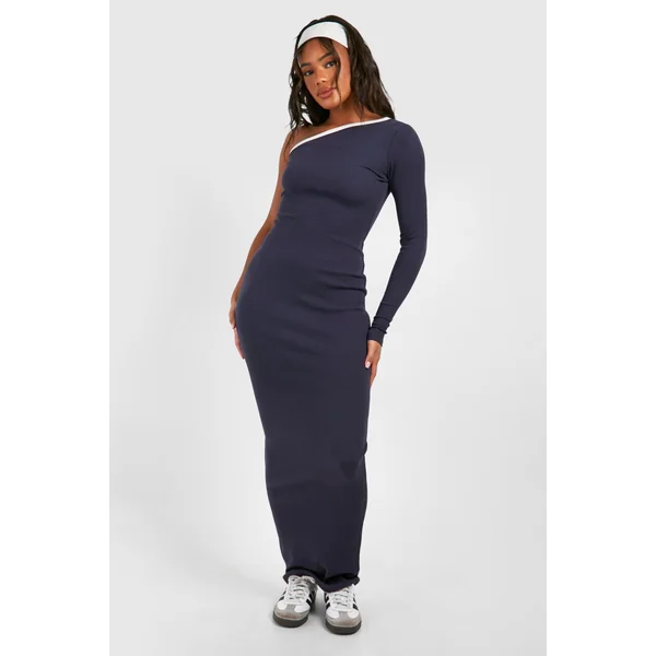 Premium Contrast Rib One Shoulder Maxi Dress